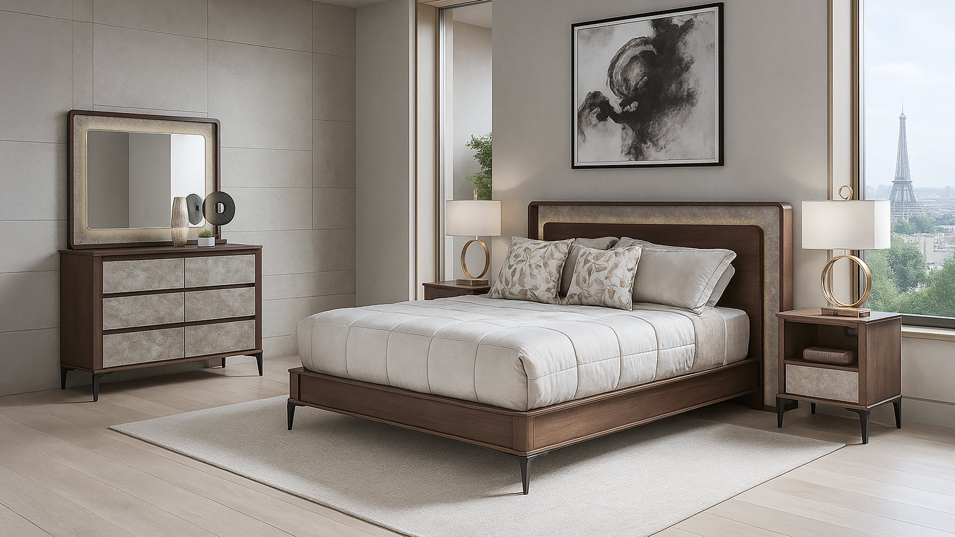 Dormitorio París ( Cama + 2 veladores)